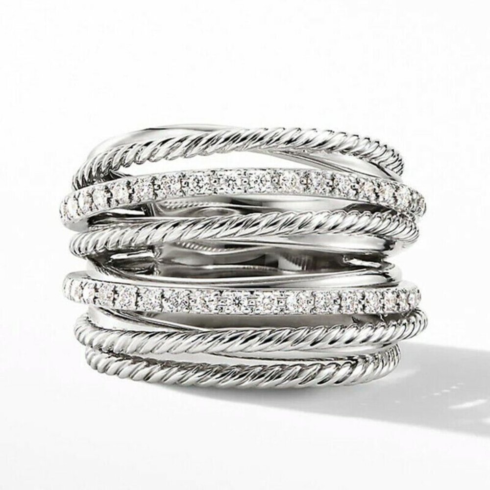 Sterling Silver Multi-Band Twisted & Pavé Ring - White
